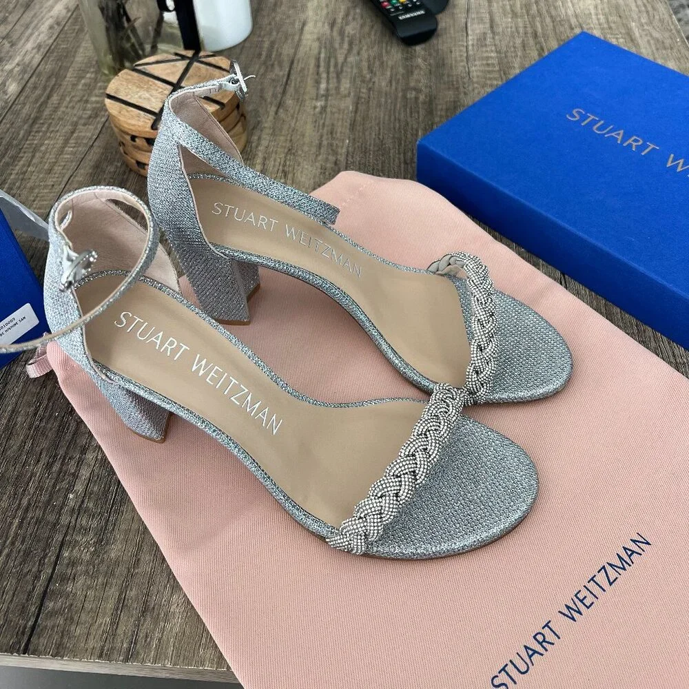 NEW Stuart Weitzman Silver Nearly Nude Hi Shine Sandal - Picture 2 of 9